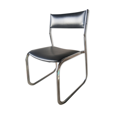 Chaise traineau skaï noir années 70 vintage