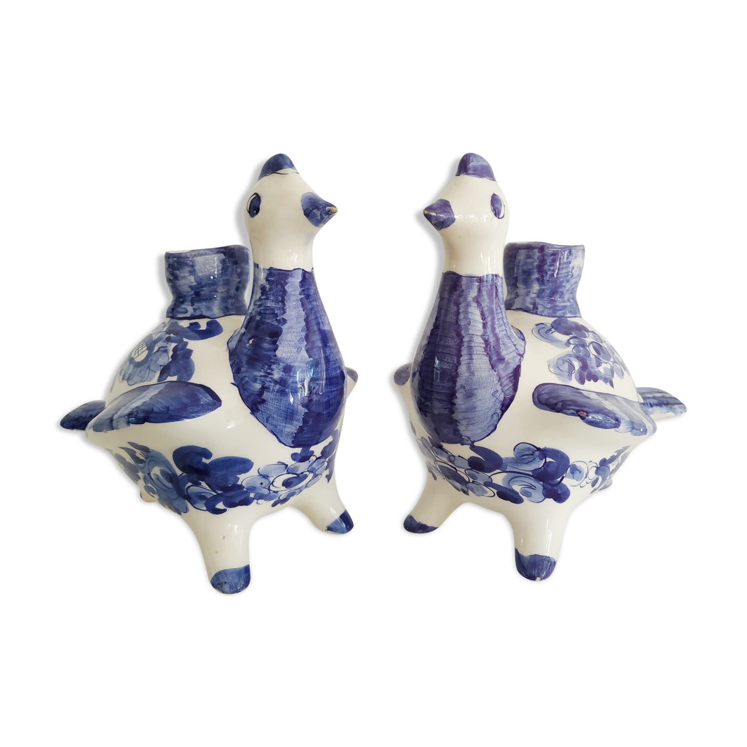Pair of bird candlesticks in blue white, Skyros earthenware