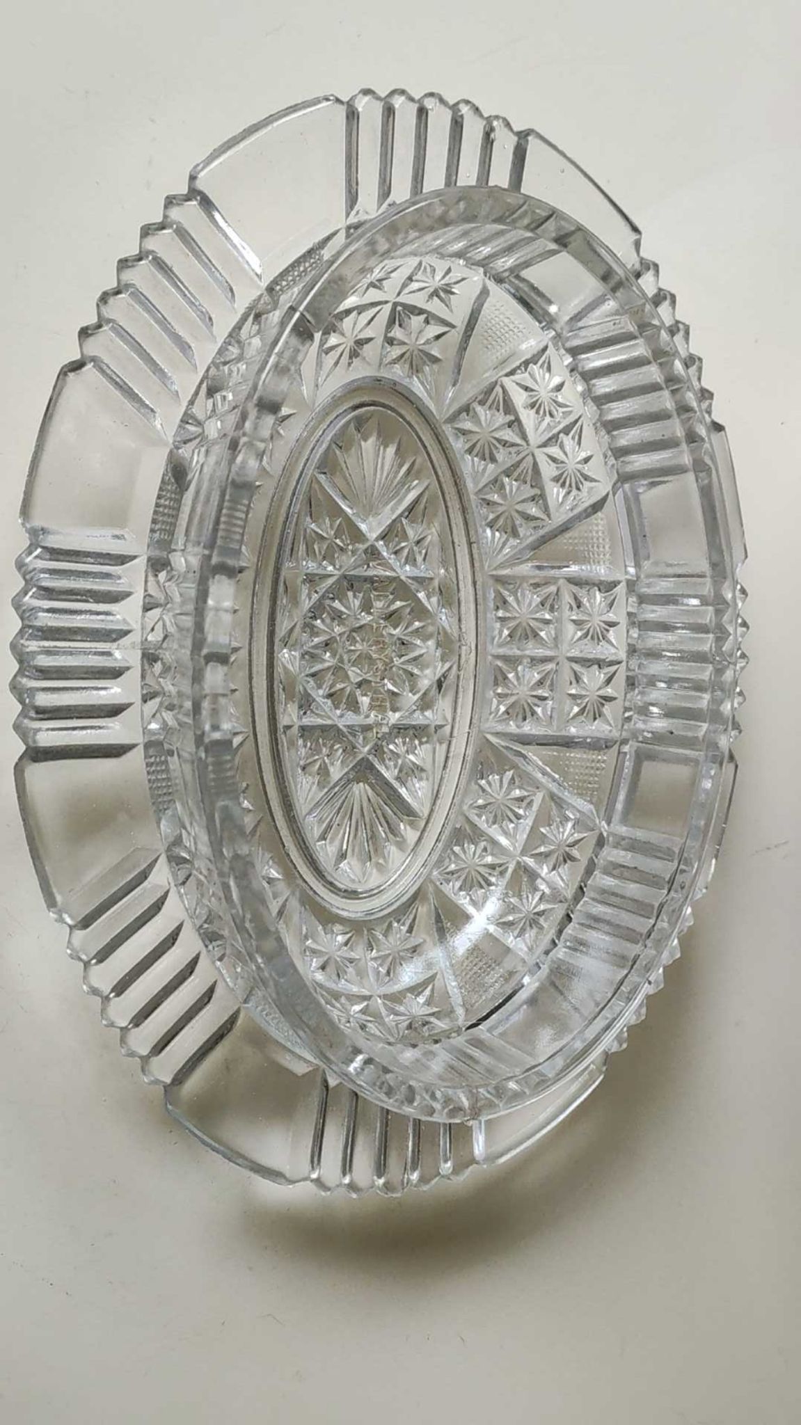Old Art Deco butter dish, molded glass, Portieux style Star motifs, braces, diamonds