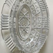 Old Art Deco butter dish, molded glass, Portieux style Star motifs, braces, diamonds