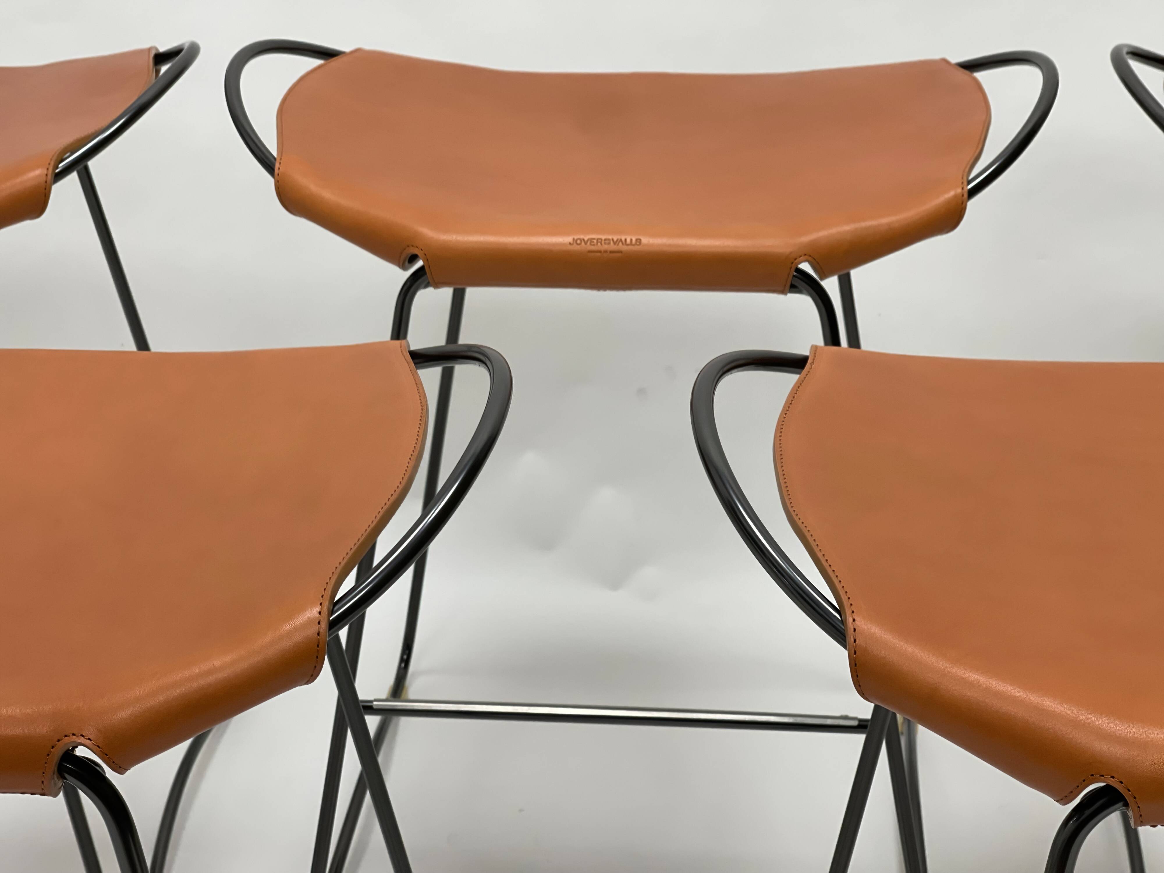 Contemporary Kitchen Counter Stool in Black Steel and Natural Tobacco Leather