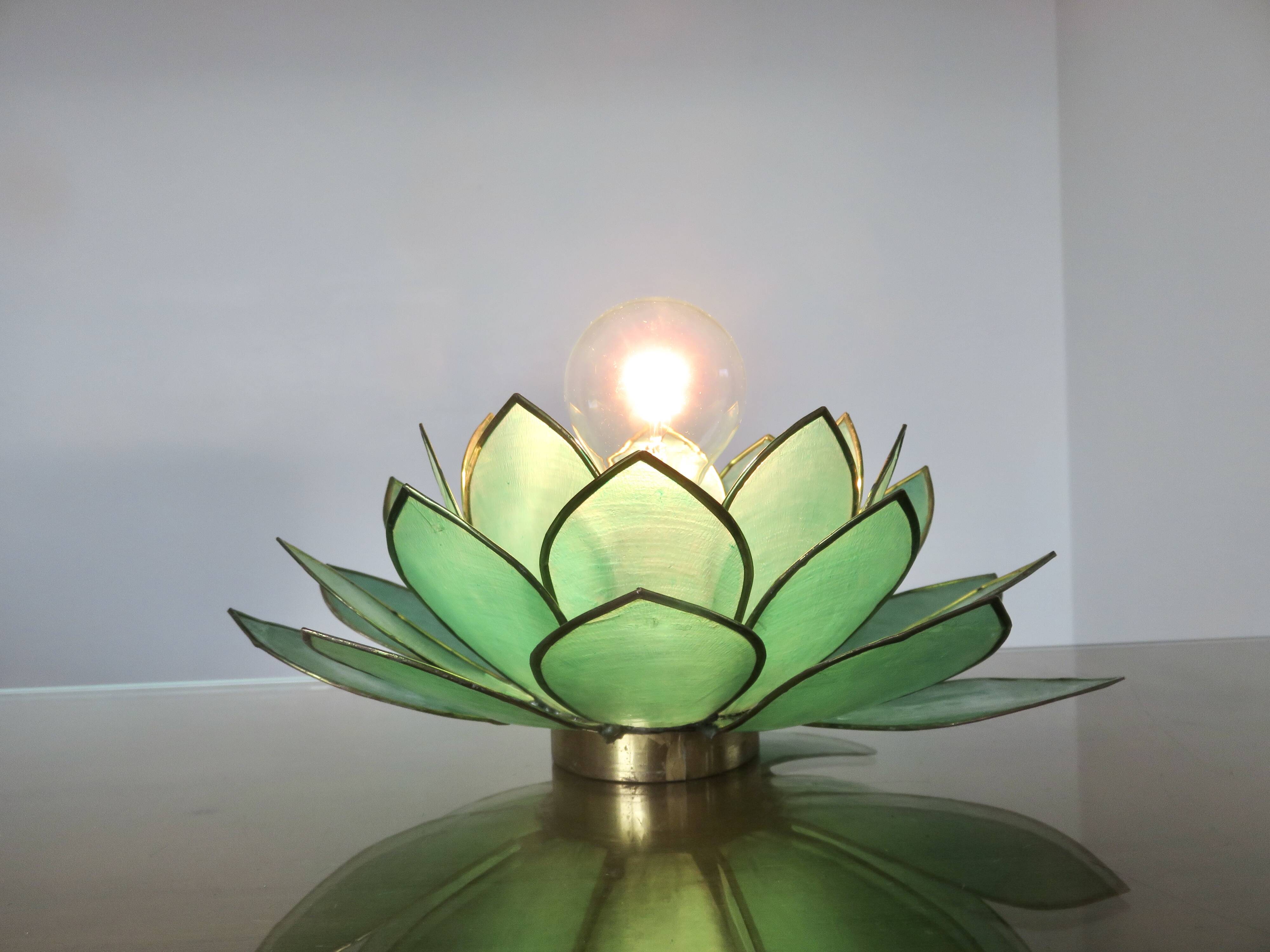 Capiz green mother-of-pearl and brass flower lamp, 1970s