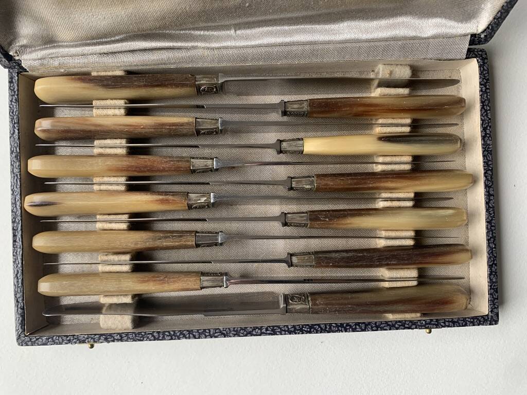12 old large knives Horn handle Stainless steel blade