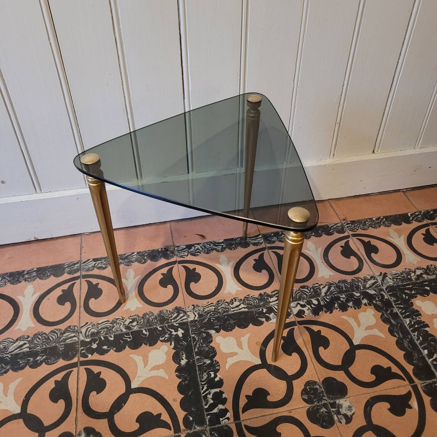 Tripod table in smoked glass – triangular top – 1950s–1960s