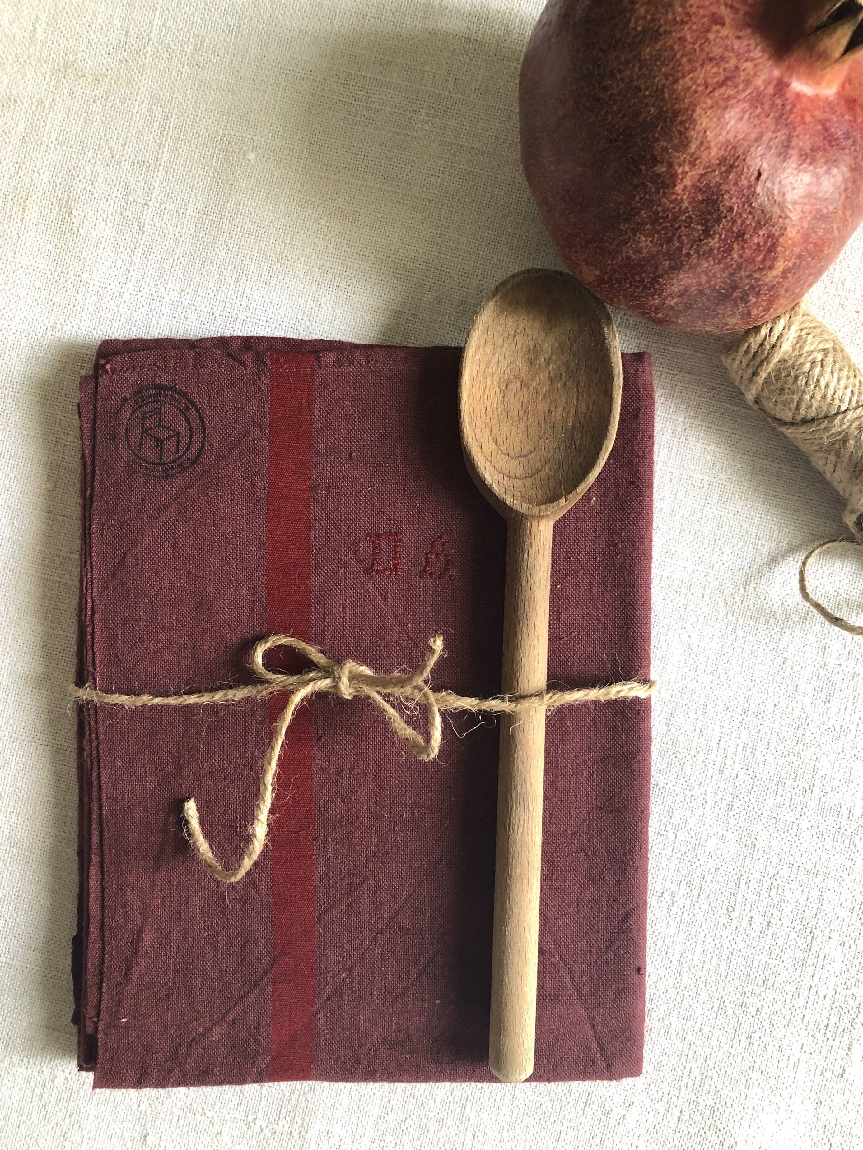 Old tea towel in linen and Burgundy cotton