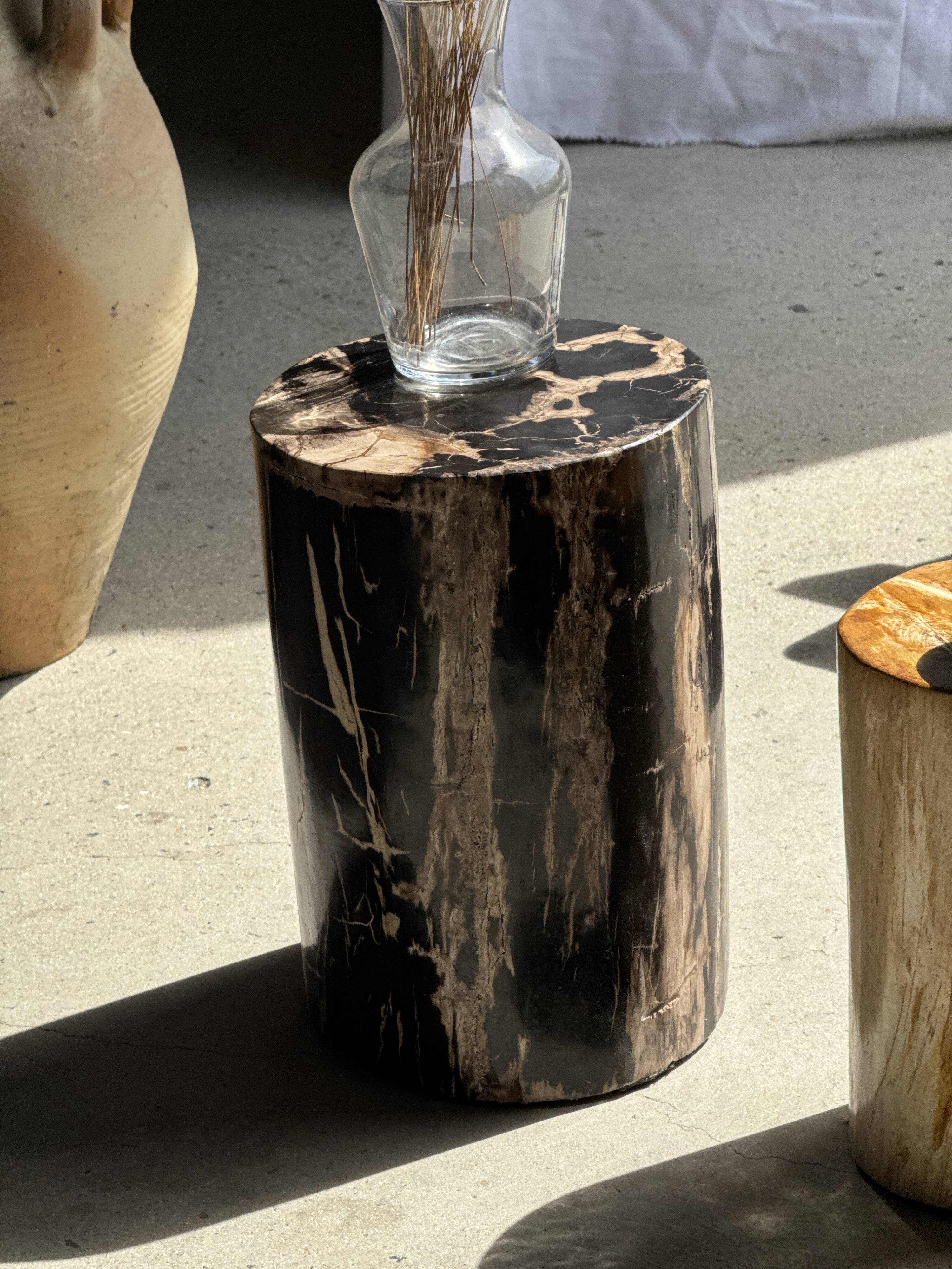 Black petrified wood side table with beige stripes and a semicircular shape.
