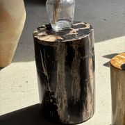 Black petrified wood side table with beige stripes and a semicircular shape.