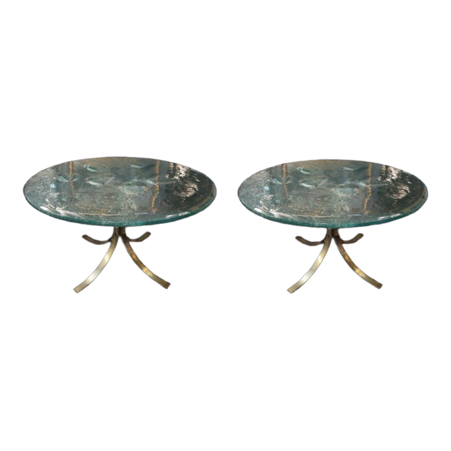 Pair of round coffee tables, glass, ca 1970