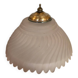 Ancien Plafonnier Applique Verre Moulé + Support Métal Années 70 Vintage #B845