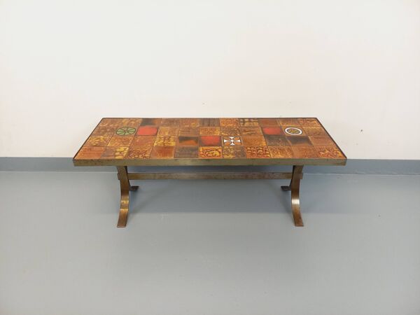 Table basse rectangulaire vintage Roche-Bobois en acier et céramique