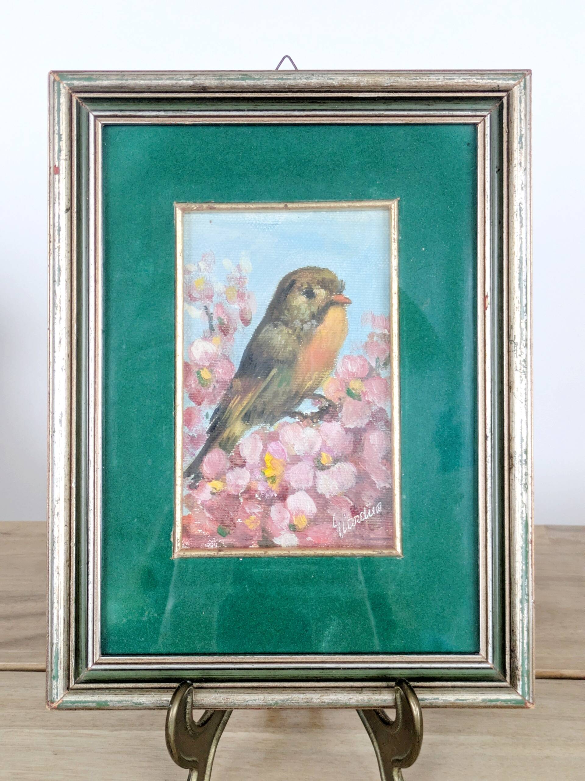 Vintage oil painting signed, robin, distressed frame.
