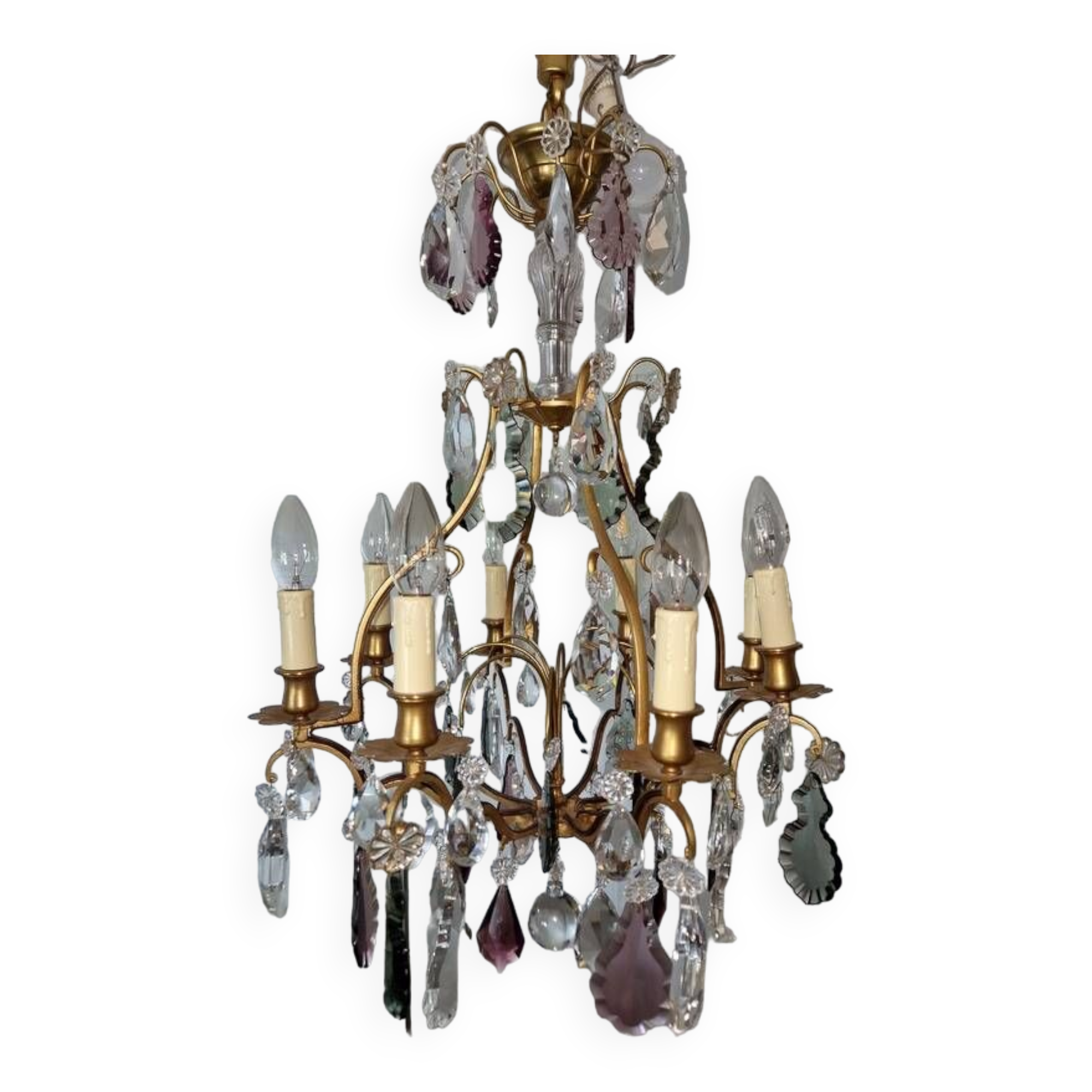 Brass cage chandelier and crystal pendants with 8 lights and 79 pendants