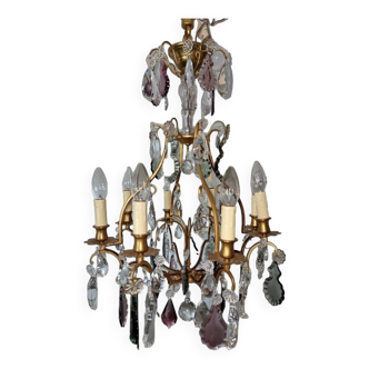Brass cage chandelier and crystal pendants with 8 lights and 79 pendants