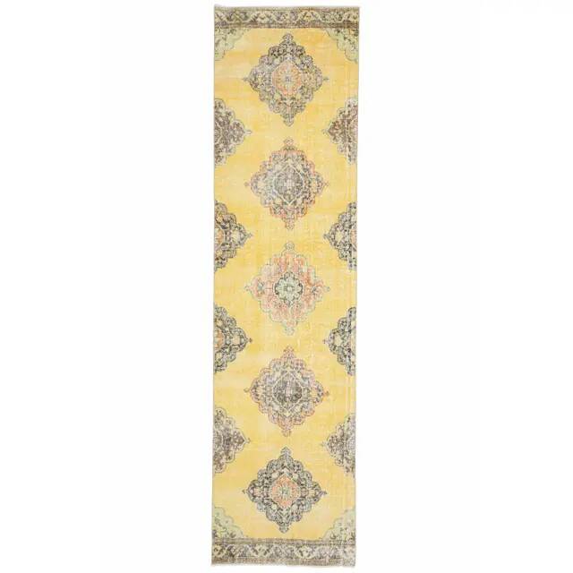 1970s Turkish Oushak Handmade Wool Cotton Yellow Runner 96x385