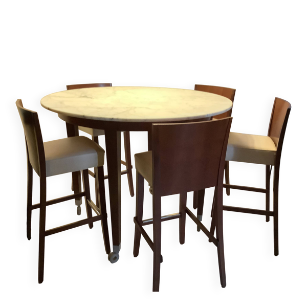 Table Haute Marbre Carrara + 5 Tabourets ''Neoz'' par Philippe Starck /Draide