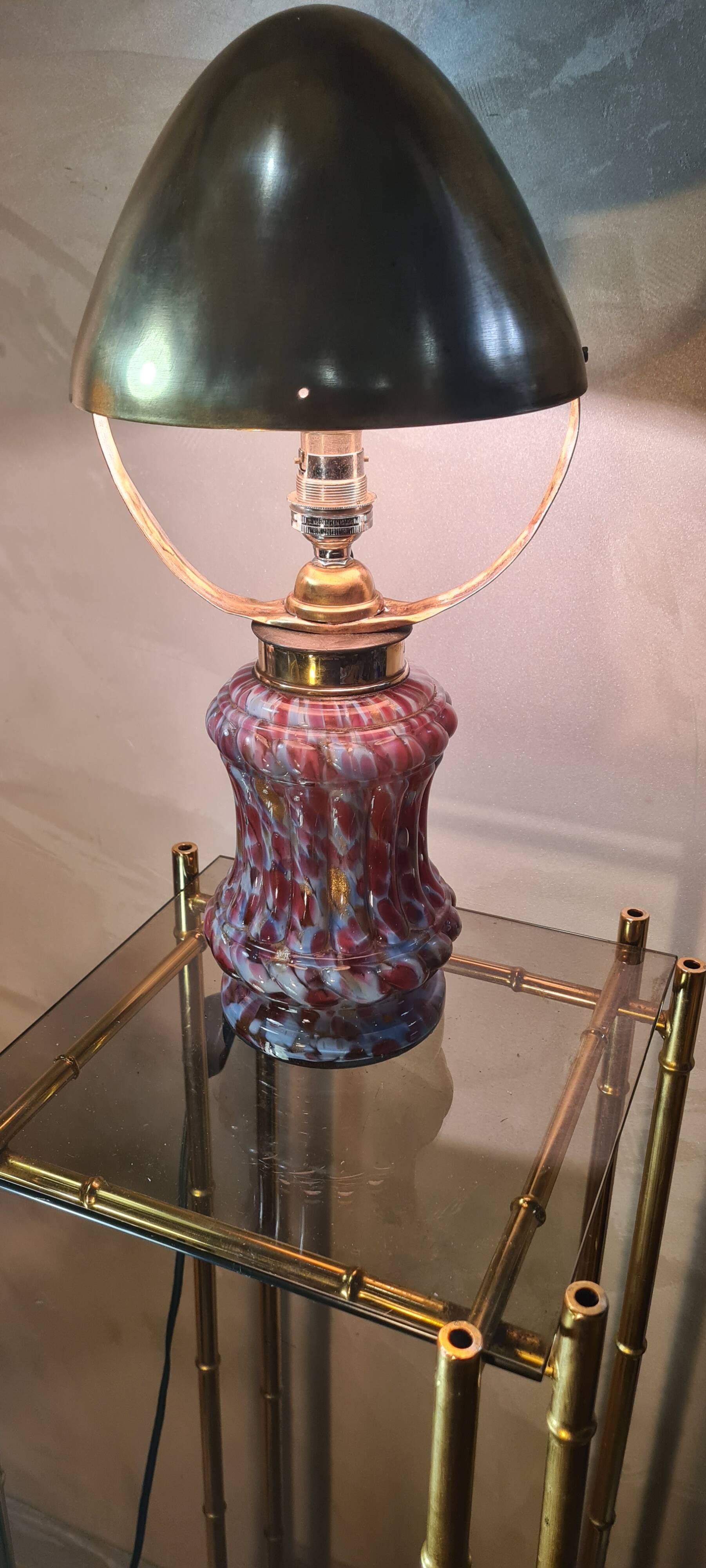 mushroom lamp 1910 superb multicolored glass base, adjustable brass lampshade, 39x19