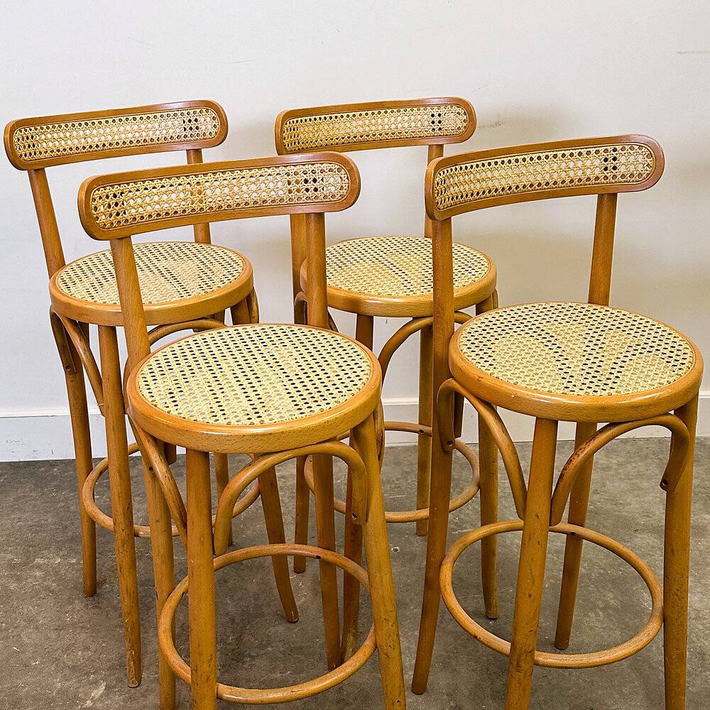 Set of 4 vintage Italian bentwood & cane bar stools, 1970s