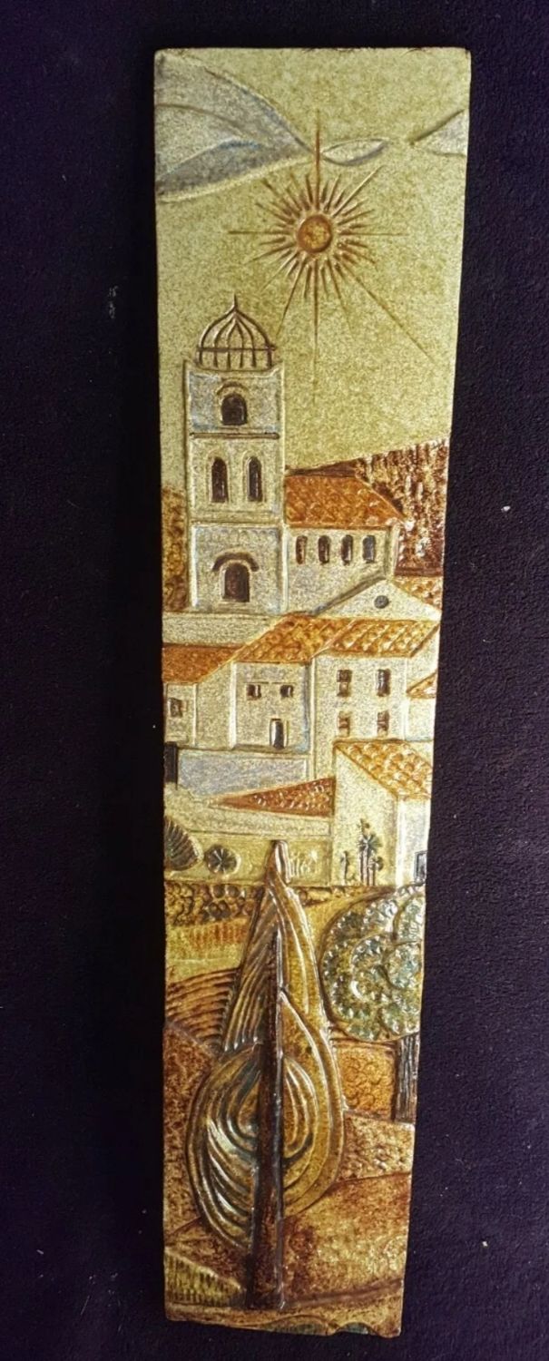 Old terracotta plate painted enamelled Signed relief decoration Provence 58x12cm