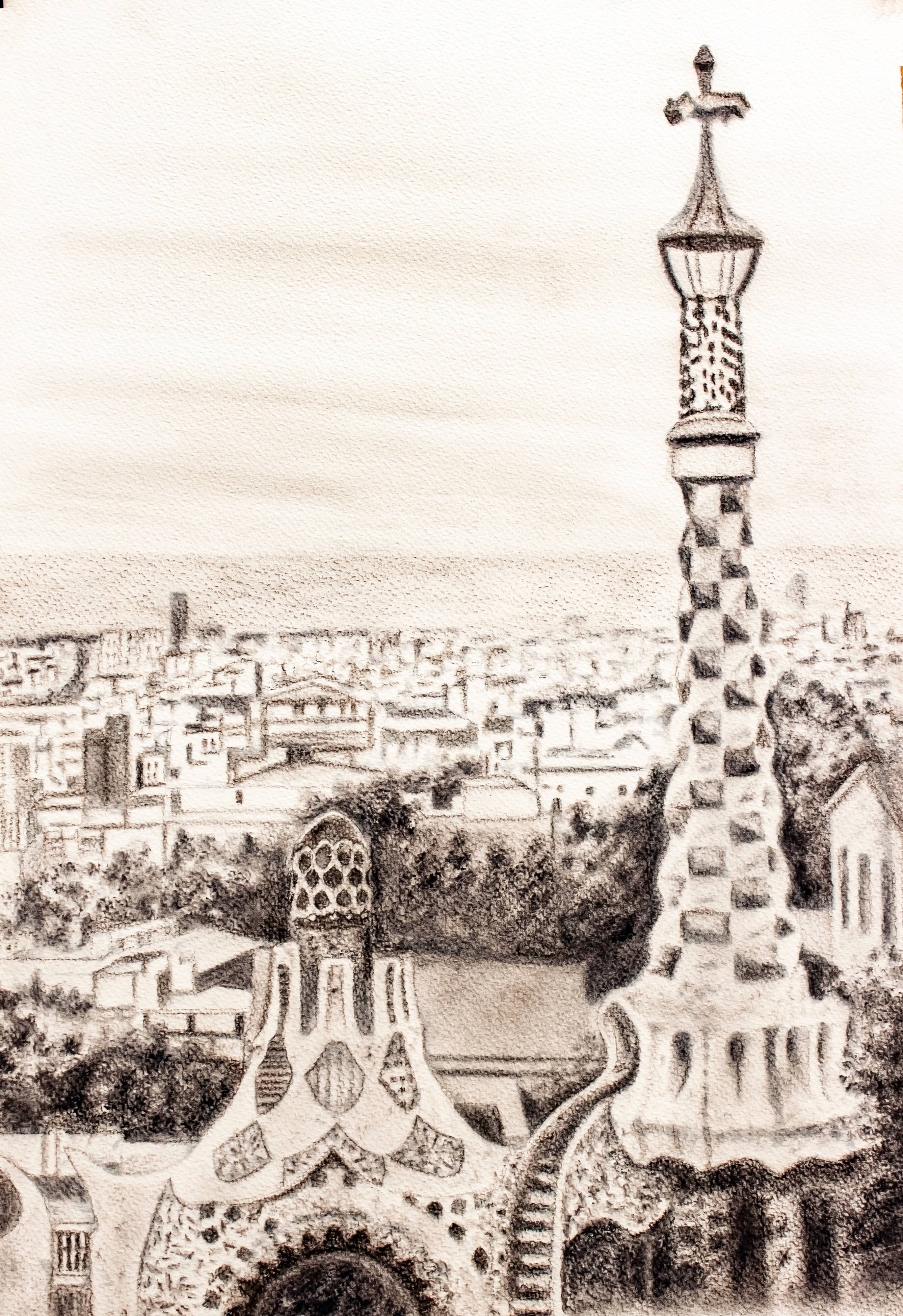 CHARCOAL DRAWING OF BARCELONA VIEW OF PARK GUELL. CITYSCAPE OF BARCELONA.
