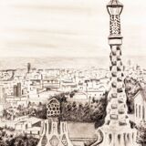 DESSIN AU FUSAIS DE BARCELONE VUE DU PARC GUELL. PAYSAGE URBAIN DE BARCELONE.