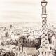 CHARCOAL DRAWING OF BARCELONA VIEW OF PARK GUELL. CITYSCAPE OF BARCELONA.