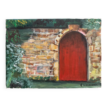 Huile sur toile par Claude Claveau mur à la porte rouge XXe
