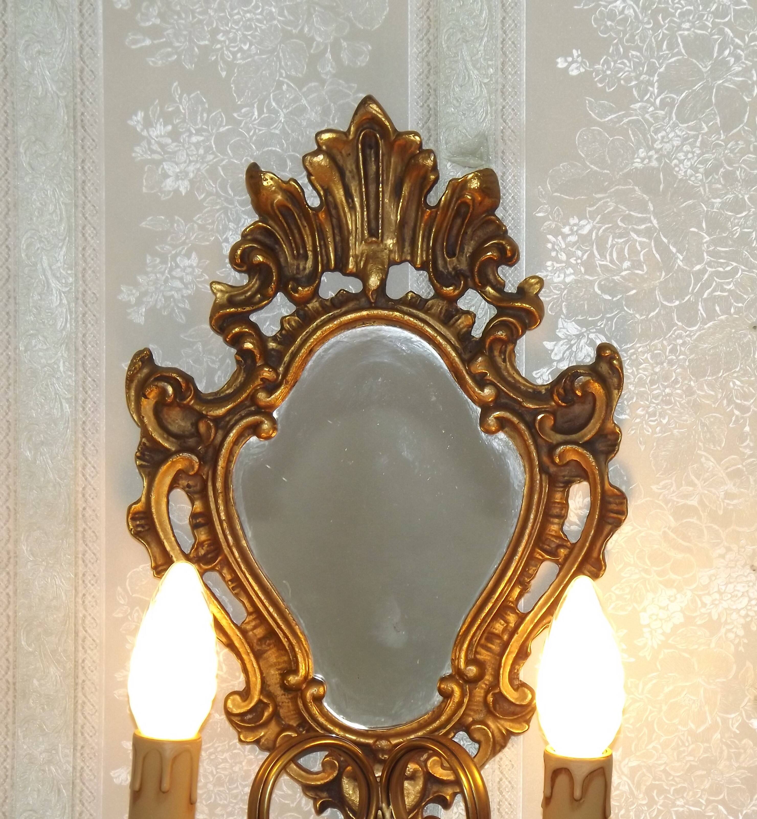 French Antique Gilt Bronze Baroque Double Light Crystal Mirror Wall Sconce 4807