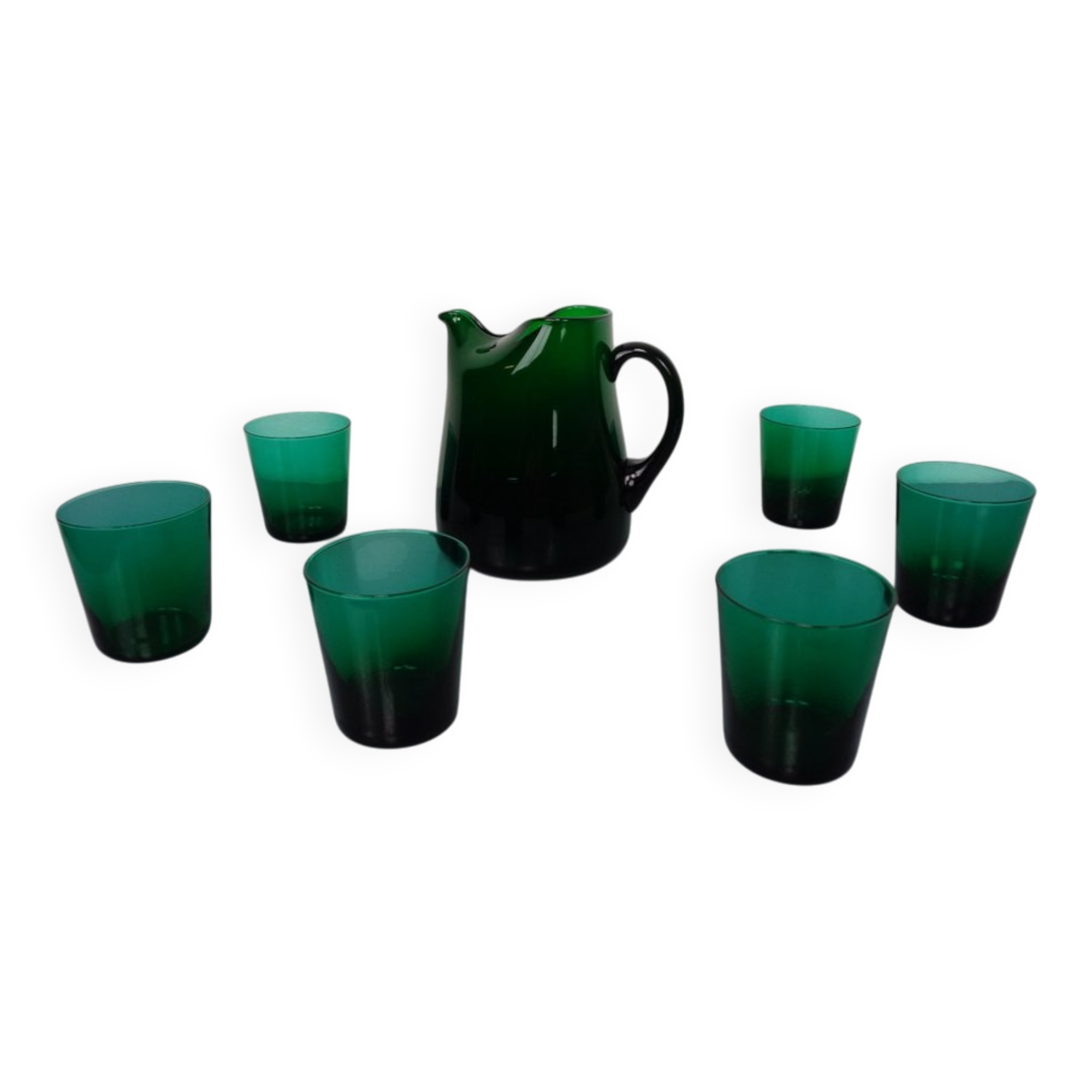 Italian green glass decanter and tumbler, 1960s, set of 7.