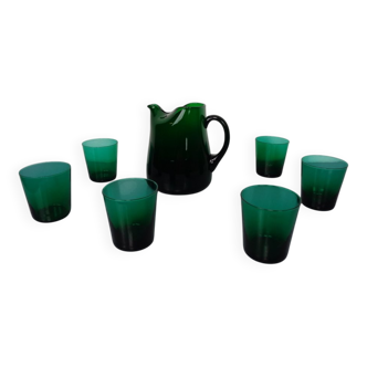 Italian green glass decanter and tumbler, 1960s, set of 7.