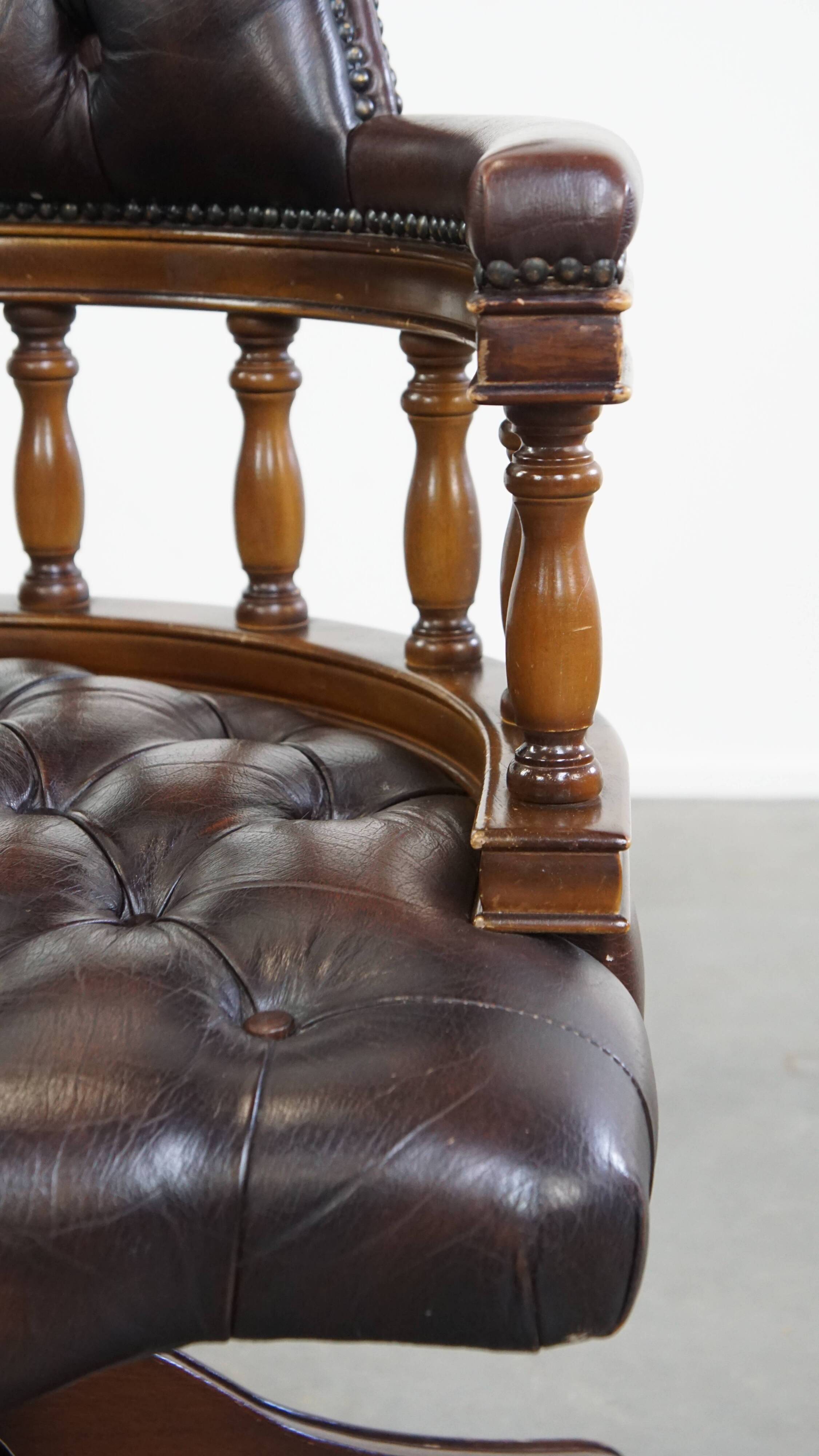 Chesterfield Office Chair on Wheels in Dark Brown Cowhide Leather