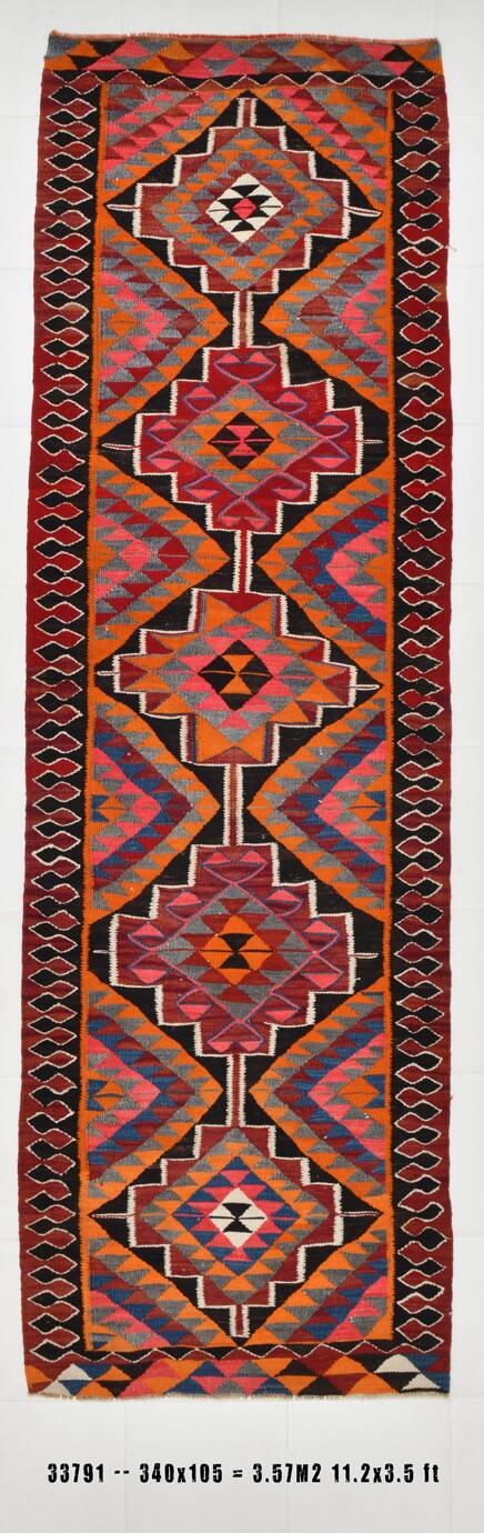 Red & Orange Oriental Kilim Runner Rug, 105x340Cm