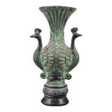Vintage Hand-Carved Double Peacock Vase, Auspicious Green Jade Vase, Home decor