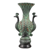 Vintage Hand-Carved Double Peacock Vase, Auspicious Green Jade Vase, Home decor