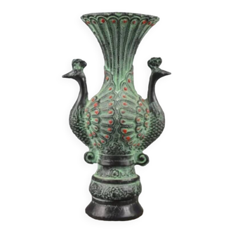 Vase double paon sculpté à la main vintage, vase de jade vert de bon augure, décoration intérieure