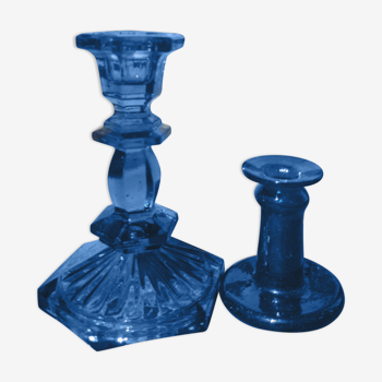 Vintage candle holders made of thick blue and turquoise glass