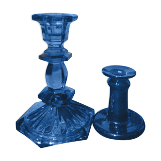 Bougeoirs vintages en verre épais bleu et turquoise