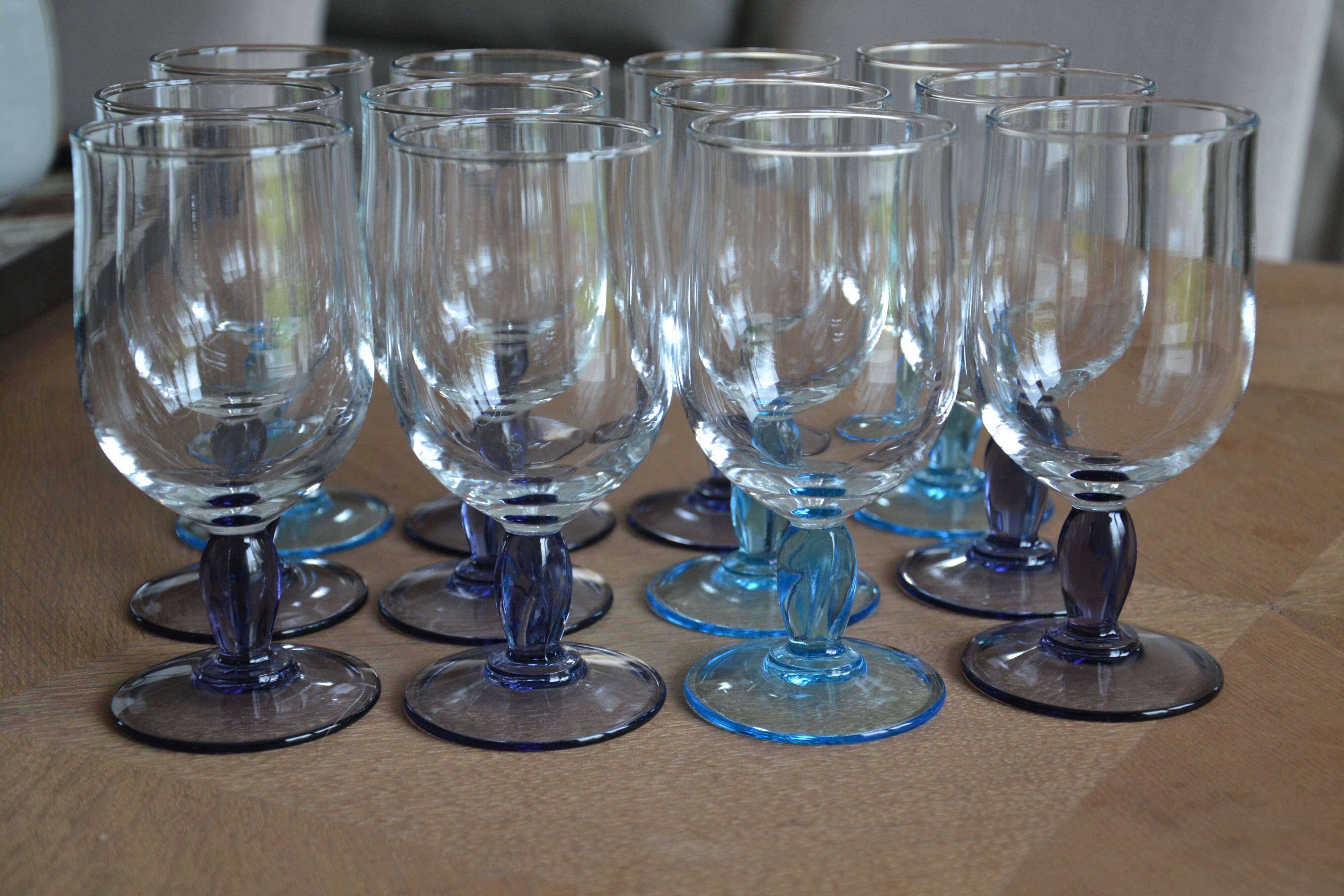 12 blue and purple stemmed glasses