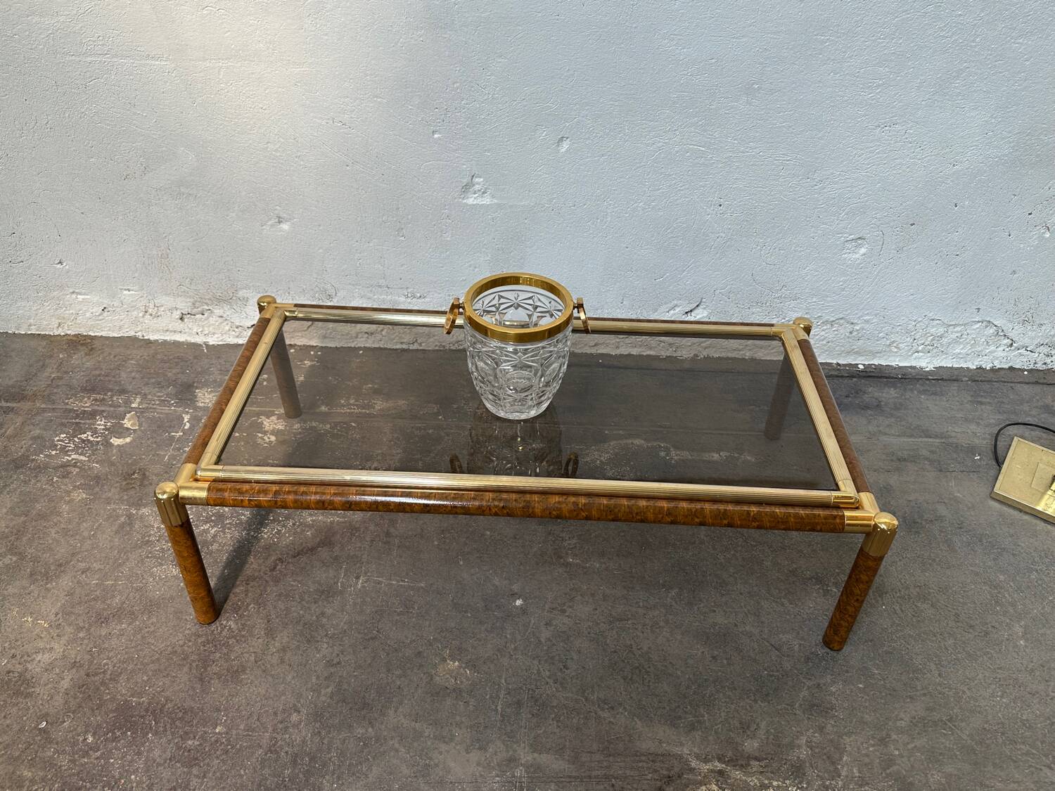 Gold-tone metal and imitation elm burl coffee table