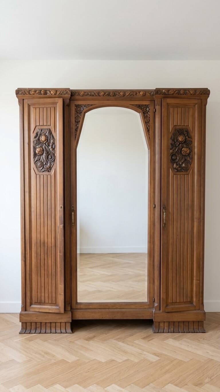 Art Deco wardrobe in solid wood with mirror