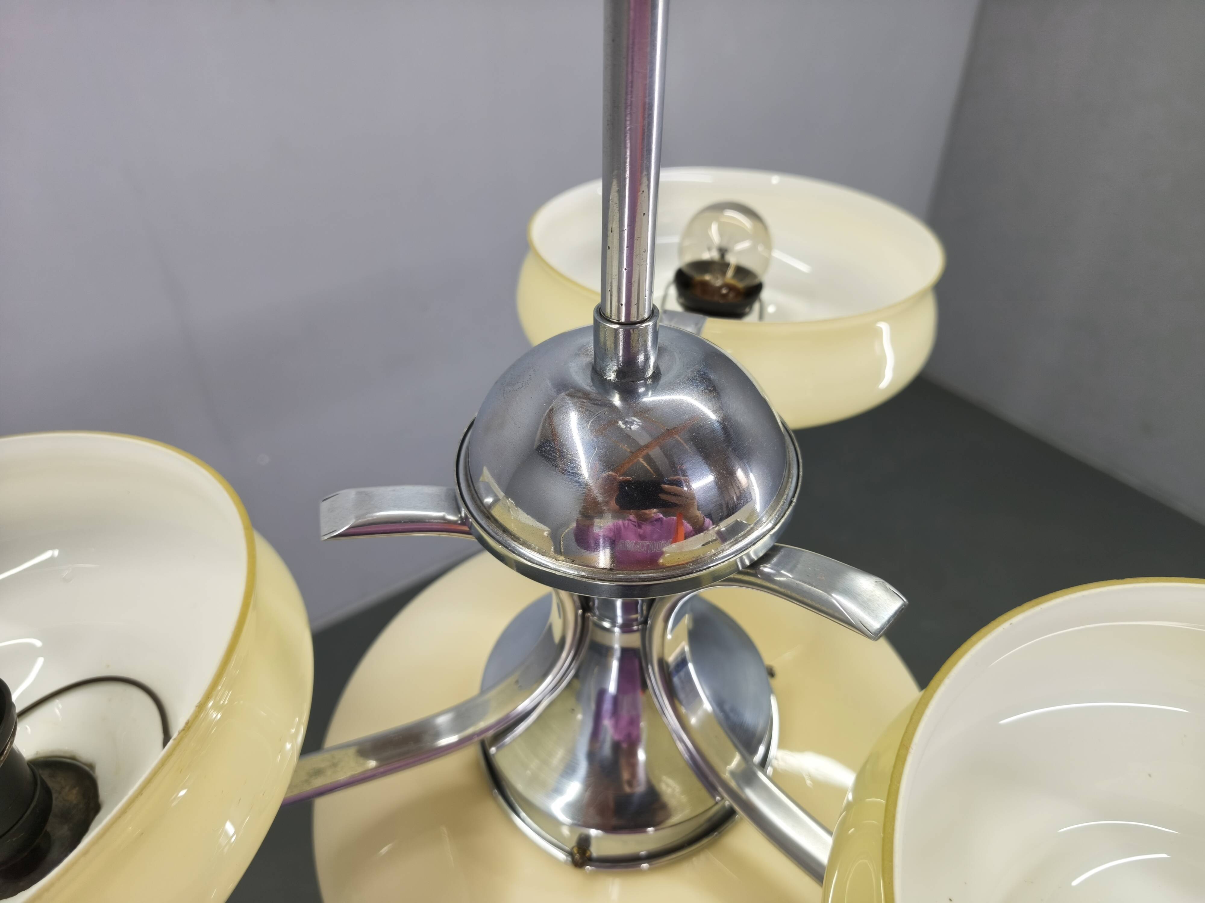 Bauhaus Chandelier Czechoslovakia 1930s Milk Glass Chrome Pendant