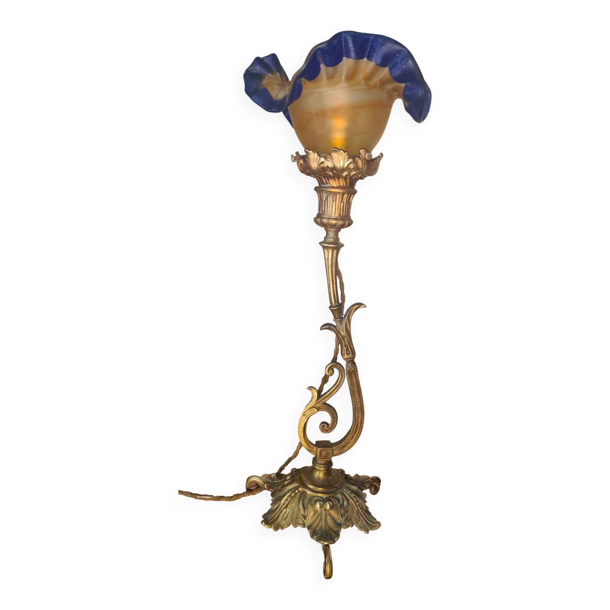 Bronze art nouveau tulip lamp signed vianne 40x16 old elec ok