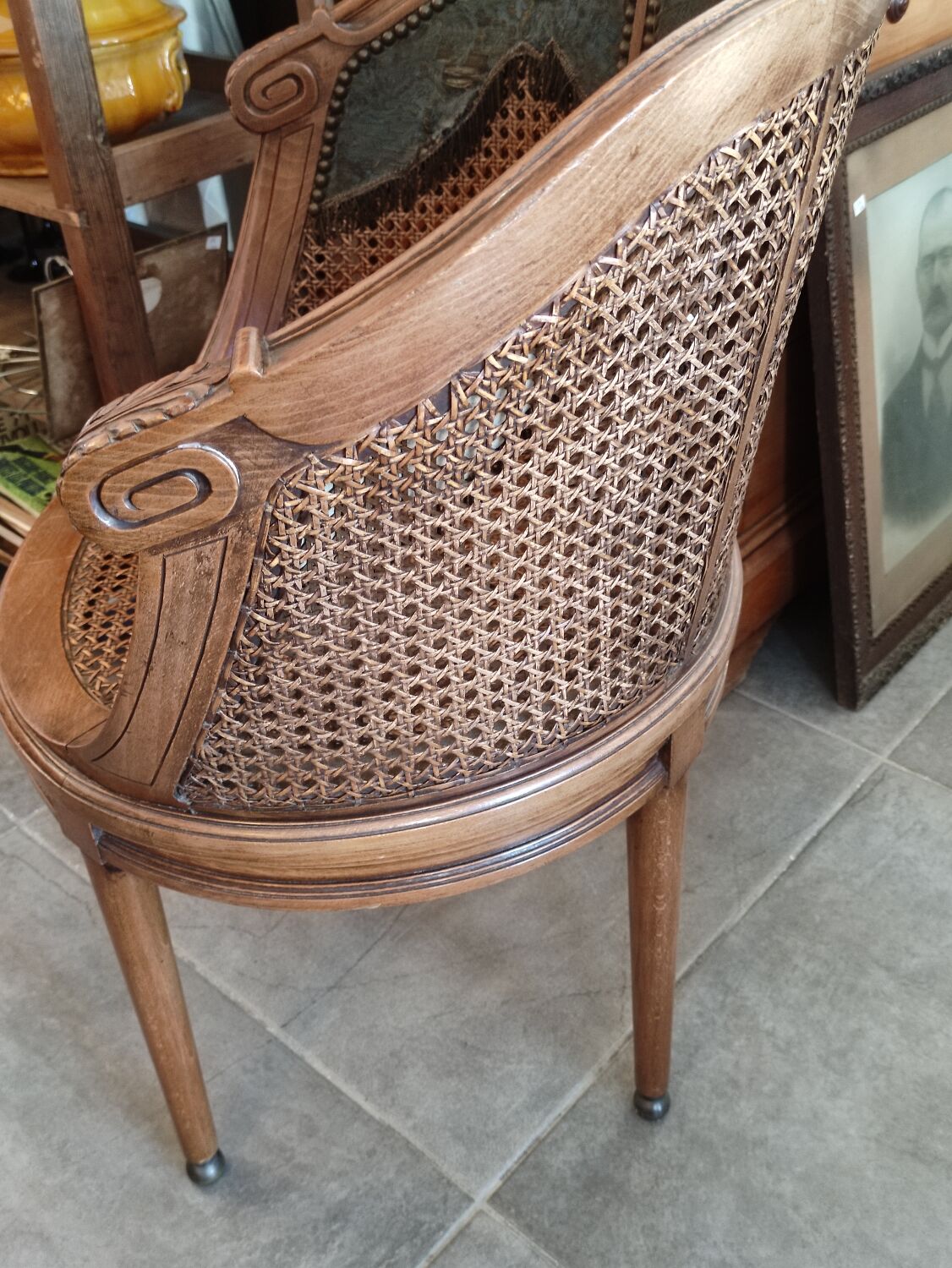 Louis XVI style office armchair in walnut and canning