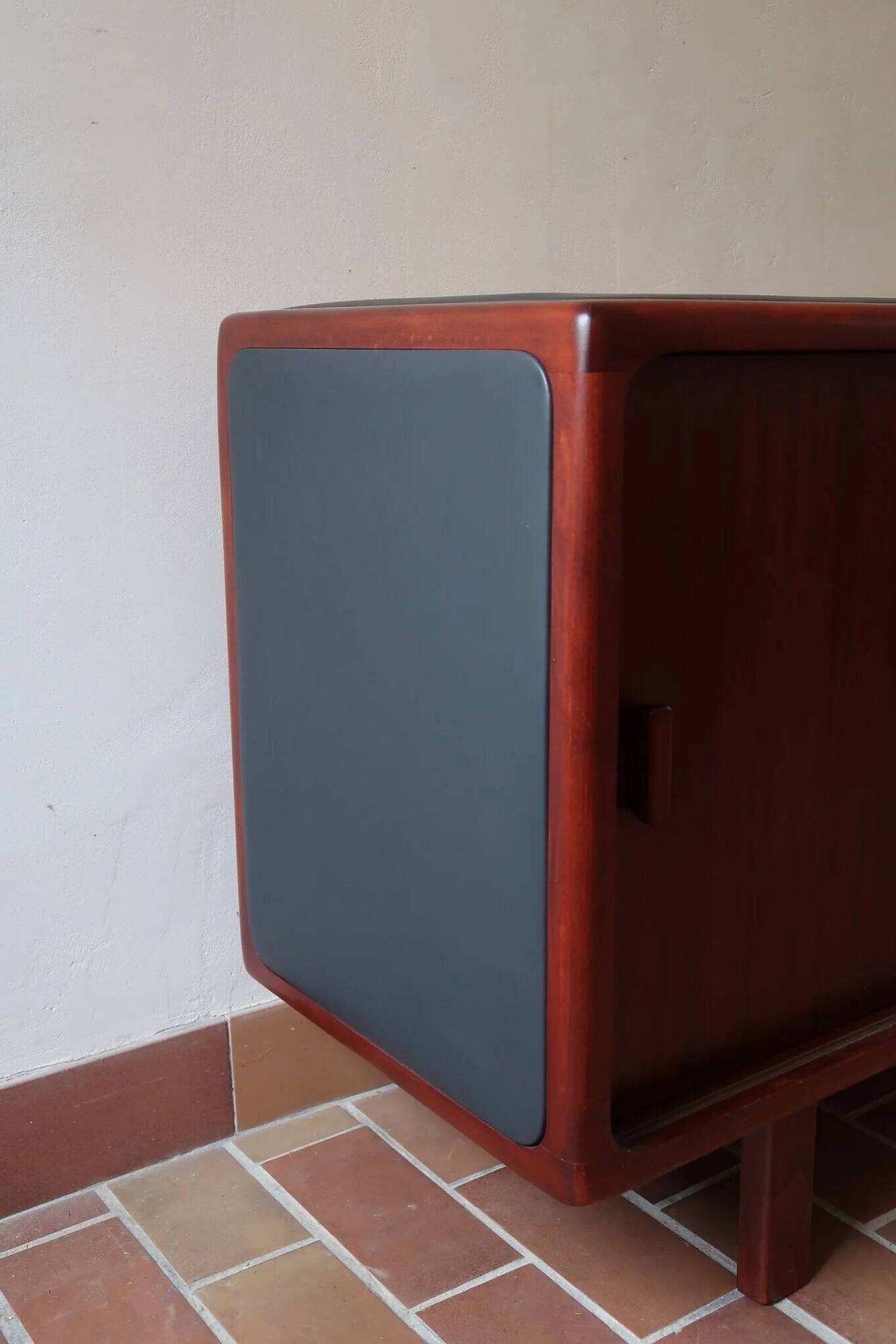 Teak enfilade, sliding doors, black faux leather top, 1970s.
