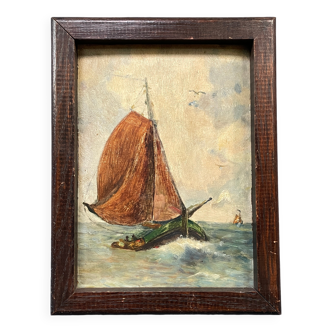 Old oil painting with sailing boats