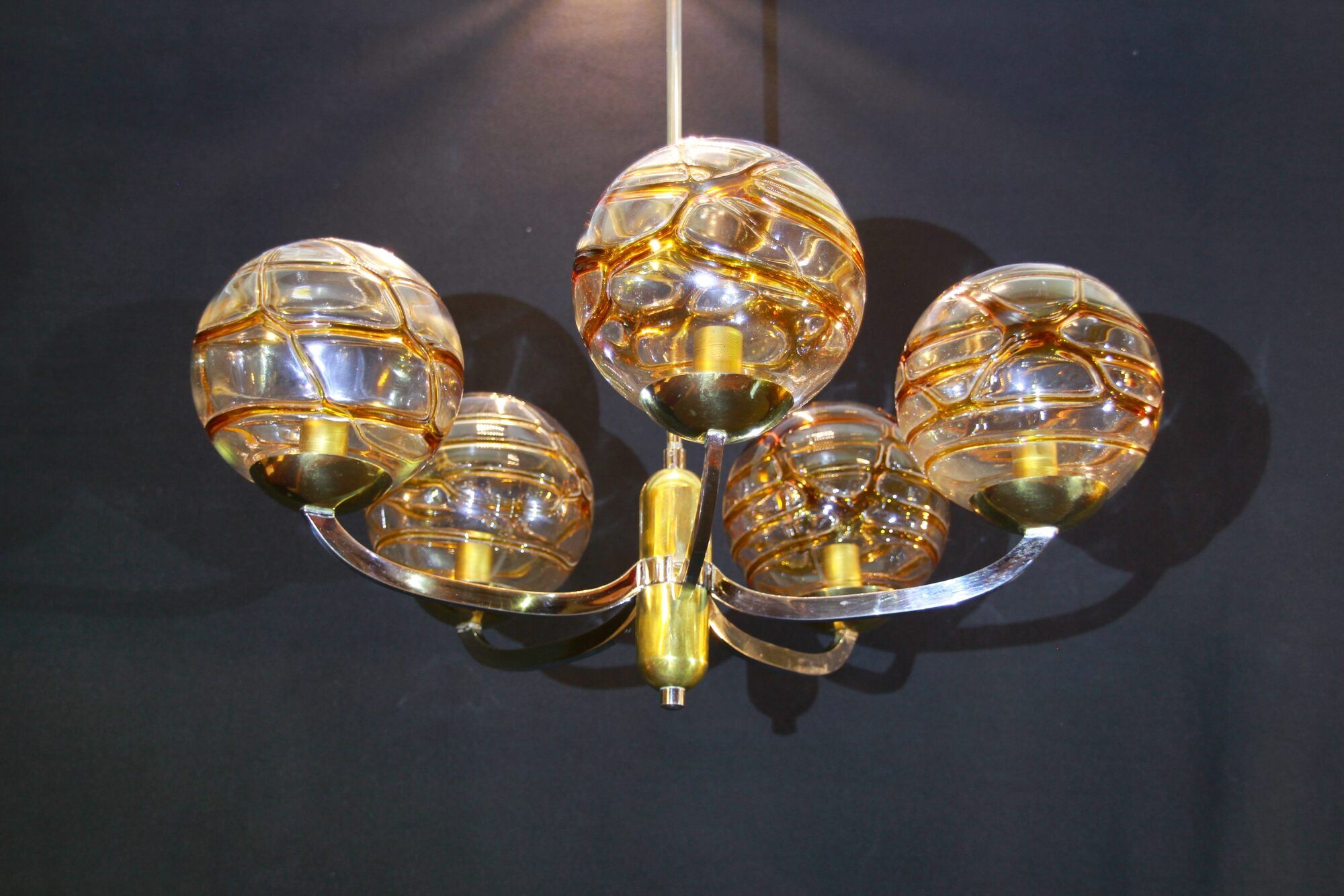 Mid 20th Century Amber Murano Glass Globe Textured,Chrome and Brass Chandelier, by Doria