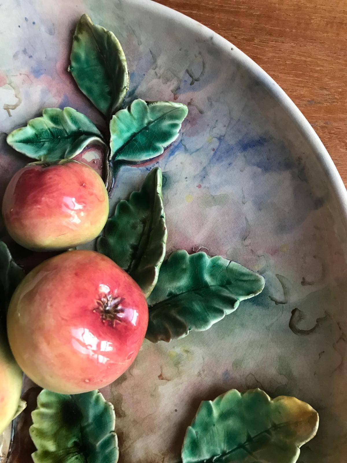 Barbotine wall dish, 19th century, Apple decor