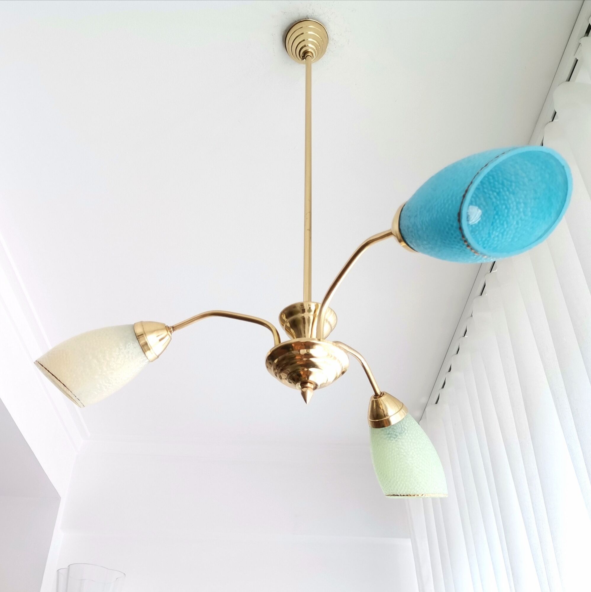 Vintage 1940s gold metal and glass 3 arm Sputnik chandelier