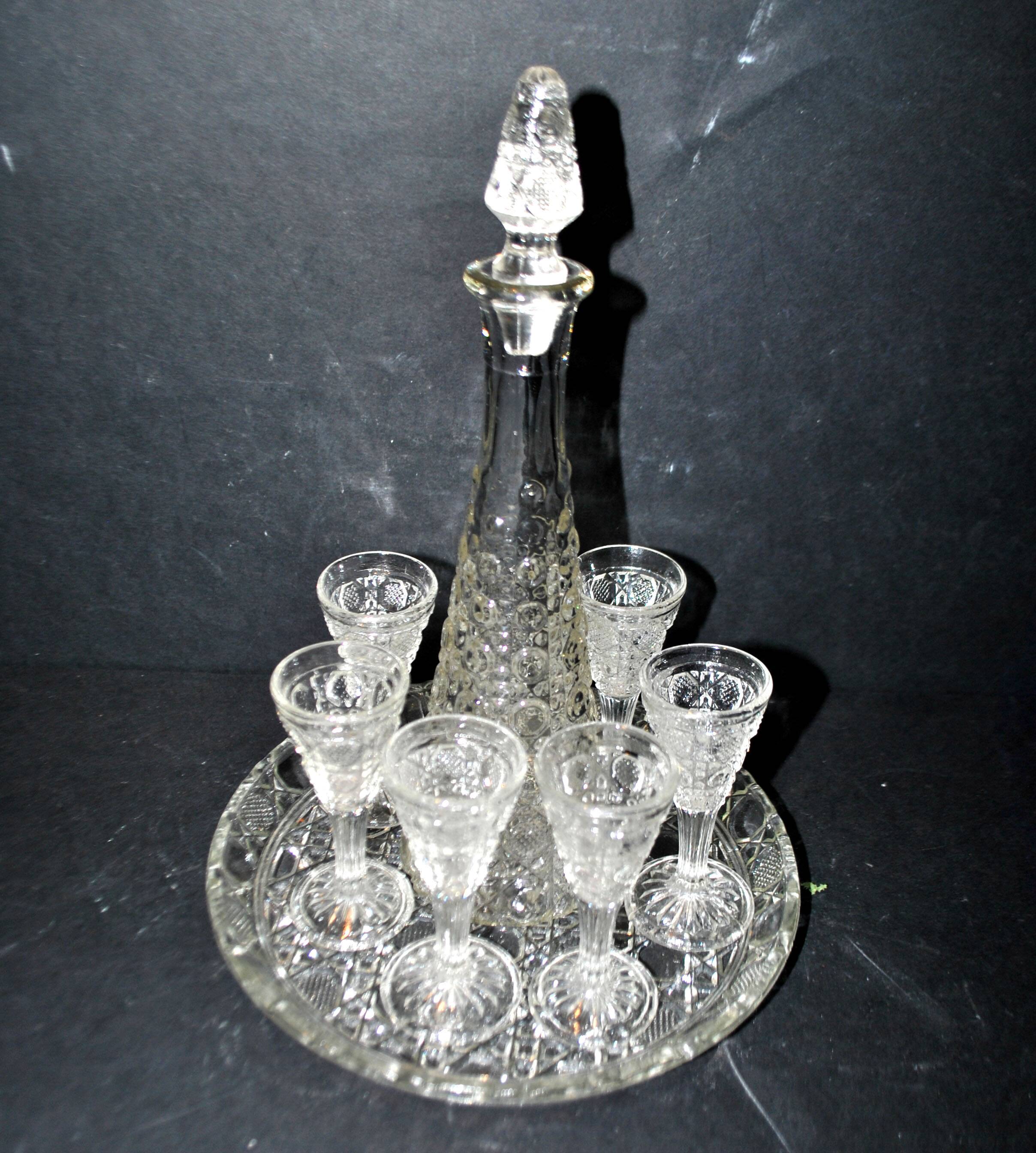 Old molded glass liqueur service GERMANY Fenne - set of 6 carafe glasses and tray