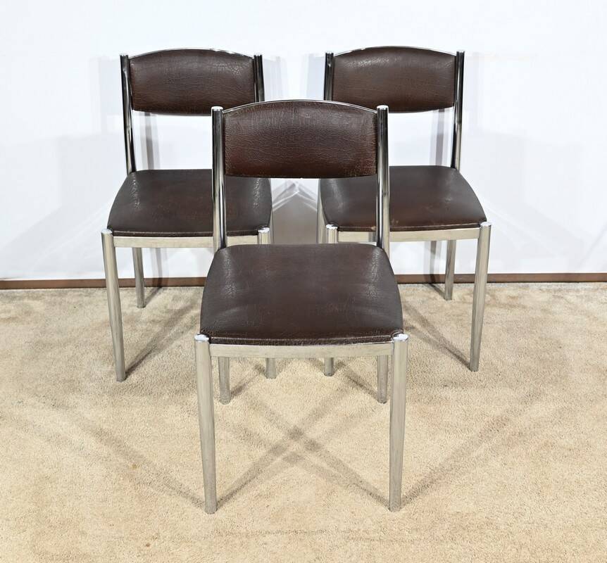 Suite of 3 Leather and Chrome Metal Chairs, attributed to Collomb Creation – 1970