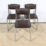 Suite of 3 Leather and Chrome Metal Chairs, attributed to Collomb Creation – 1970